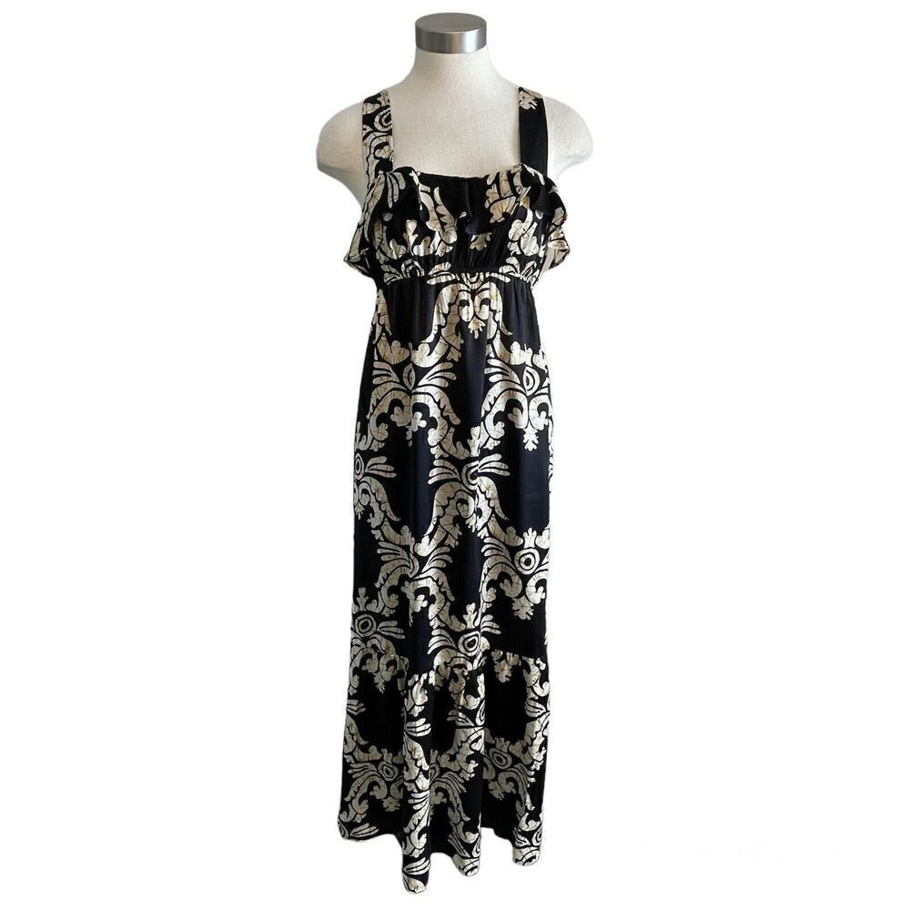 Voom  by Joy Han Maxi Dress Empire Waist Silk Black Gold Lace Lined Sz. S